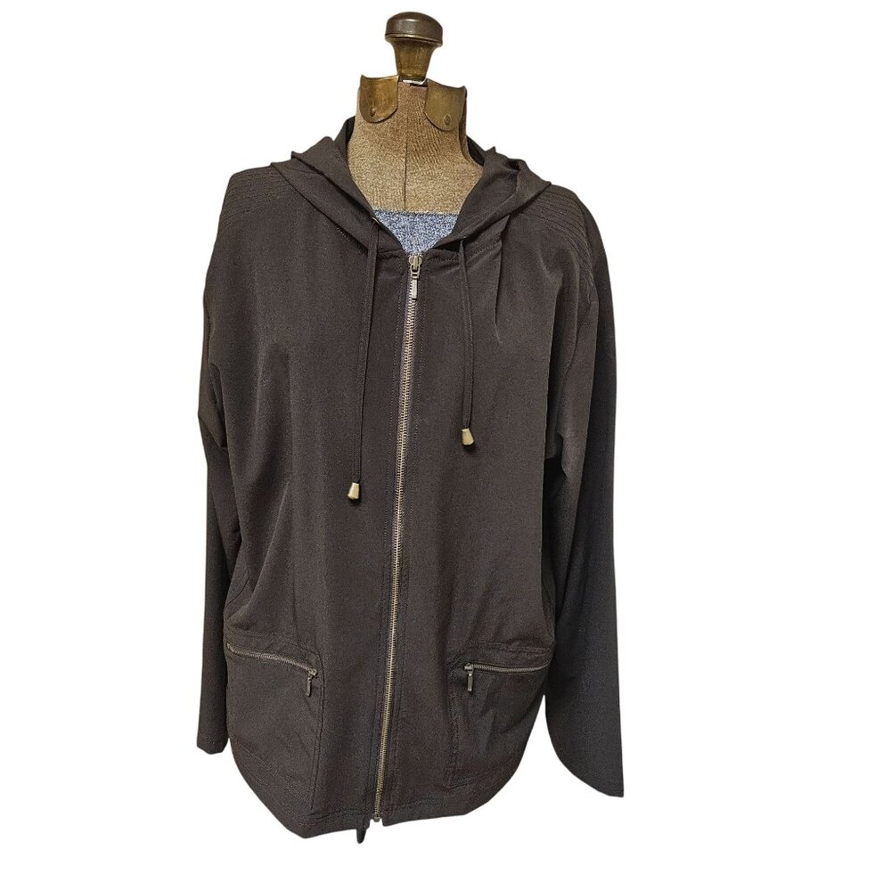 Chicos Zenergy Jacket Women Size 3 Brown Hooded Full Zip Pockets Polyester Blend